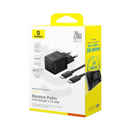 Incarcator Retea Cu Cablu USB-C Baseus Palm, 20W, 3A, 1 x USB-A - 1 x USB-C, Negru P10111608113-01