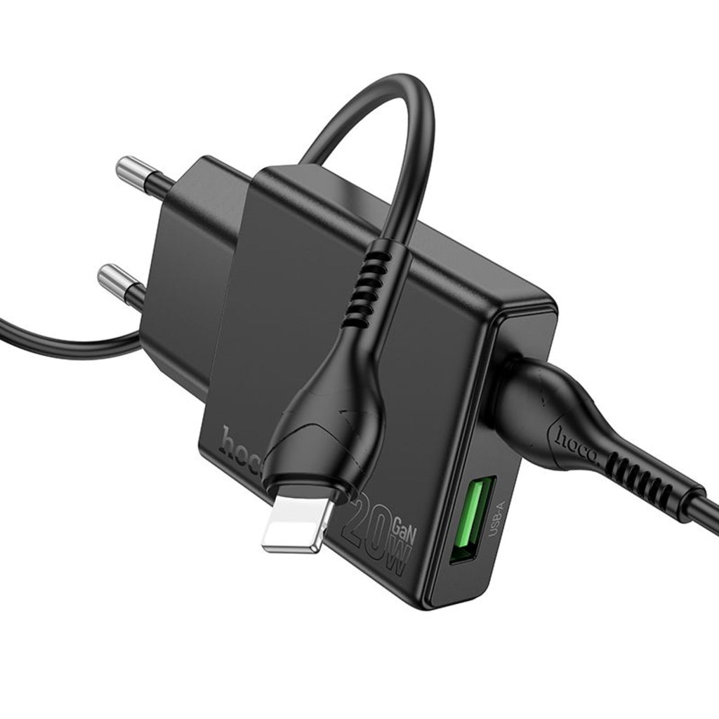 Incarcator Retea Cu Cablu Lightning HOCO N38, 20W, 3A, 1 x USB-A - 1 x USB-C, Negru