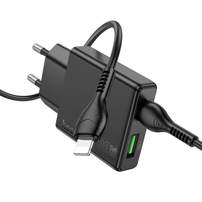 Incarcator Retea Cu Cablu Lightning HOCO N38, 20W, 3A, 1 x USB-A - 1 x USB-C, Negru