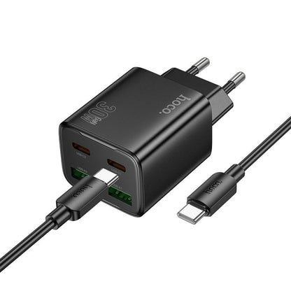 Incarcator Retea Cu Cablu USB-C HOCO N56, 30W, 3A, 2 x USB-A - 2 x USB-C, Negru