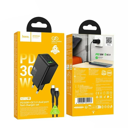 Incarcator Retea Cu Cablu USB-C HOCO N71, 30W, 3A, 1 x USB-A - 1 x USB-C, Negru