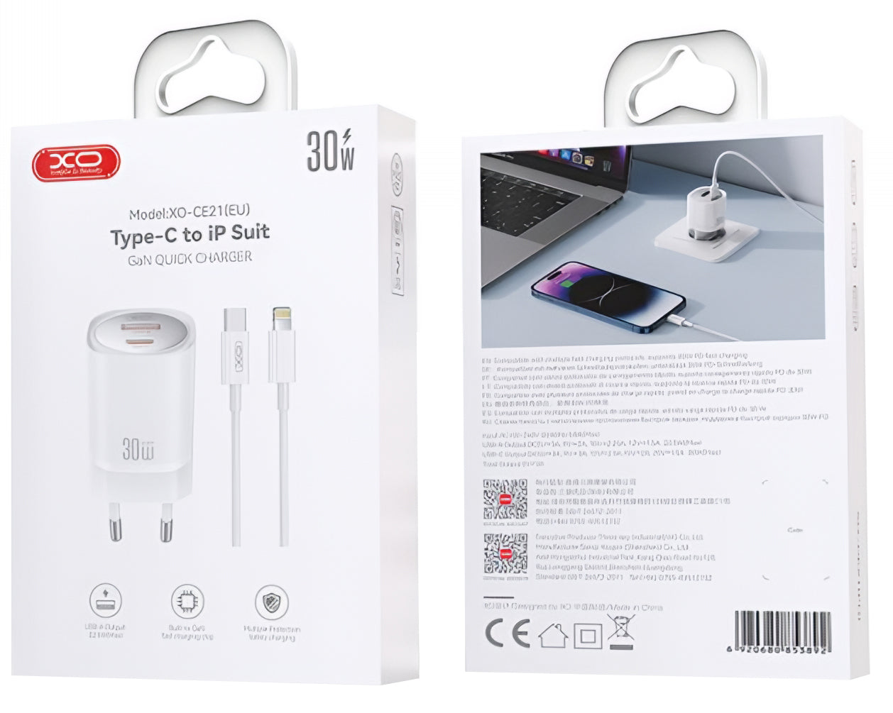 Incarcator Retea Cu Cablu Lightning XO Design CE21, 30W, 3A, 1 x USB-A - 1 x USB-C, Alb