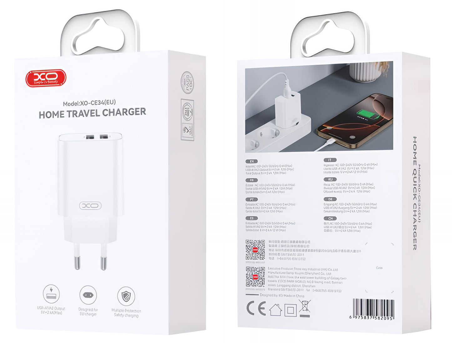 Incarcator Retea Cu Cablu Lightning XO Design CE34, 12W, 2.4A, 2 x USB-A, Alb