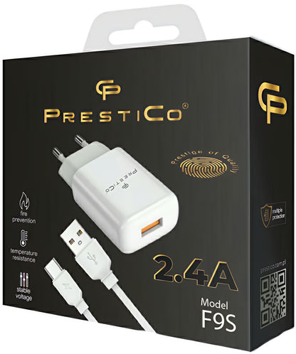 Incarcator Retea Cu Cablu USB-C Prestico F9S, 12W, 2.4A, 1 x USB-A, Alb
