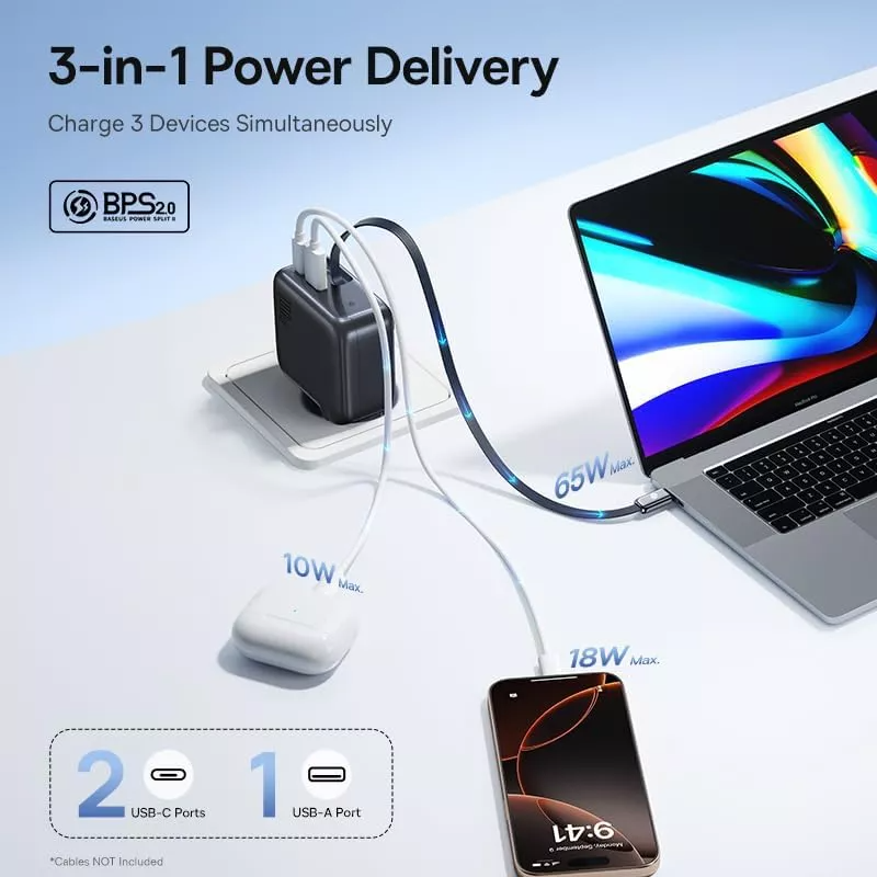 Incarcator Retea Cu Cablu USB-C Baseus EnerCore CJ11, 100W, 1 x USB-A - 2 x USB-C, Negru E0120M00