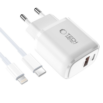 Incarcator Retea Cu Cablu Lightning Tech-Protect NCA20, 20W, 3A, 1 x USB-A - 1 x USB-C, Alb