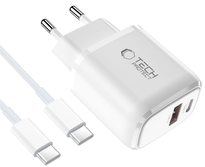 Incarcator Retea Cu Cablu USB-C Tech-Protect NCA20, 20W, 3A, 1 x USB-A - 1 x USB-C, Alb