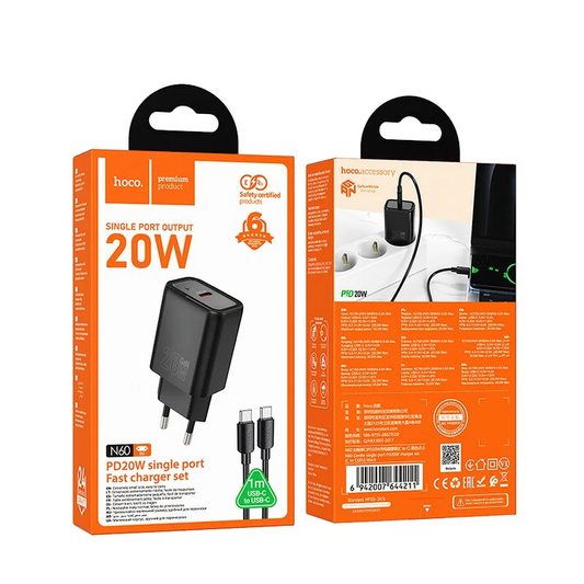 Incarcator Retea Cu Cablu Lightning HOCO N60, 20W, 3A, 1 x USB-C, Negru