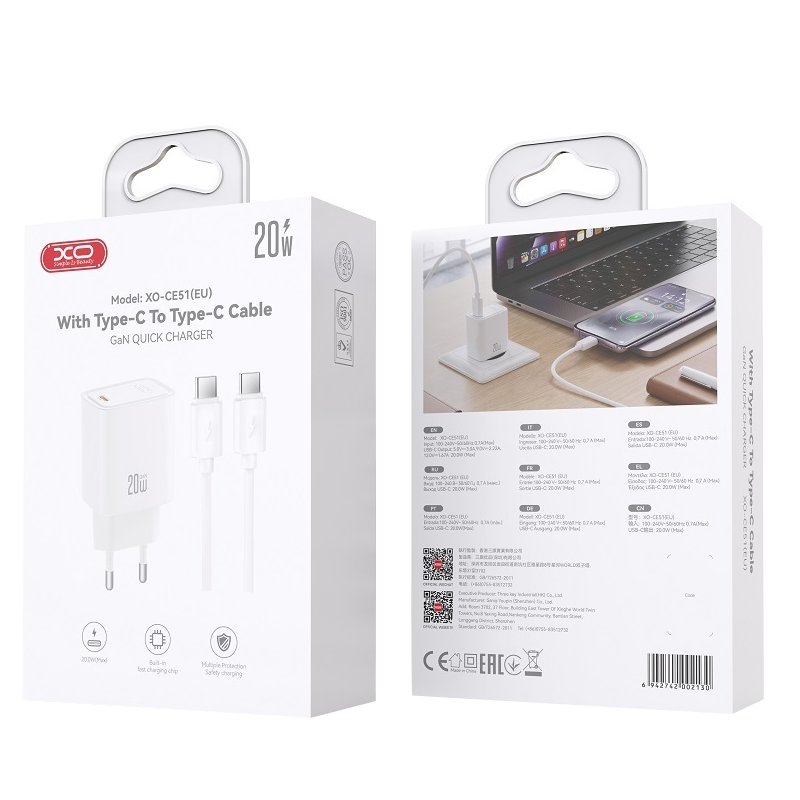 Incarcator Retea Cu Cablu USB-C XO Design CE51, 20W, 3A, 1 x USB-C, Alb