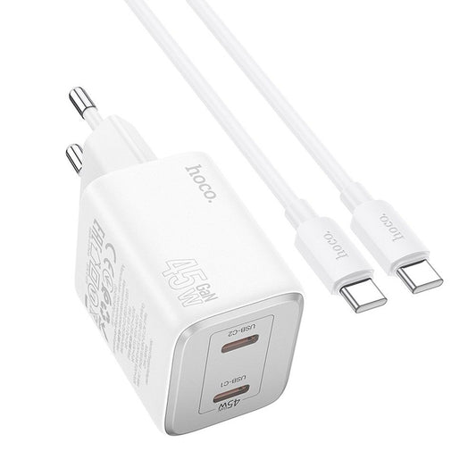 Network Charger with USB-C Cable HOCO N42, 45W, 3A, 2 x USB-C, White 