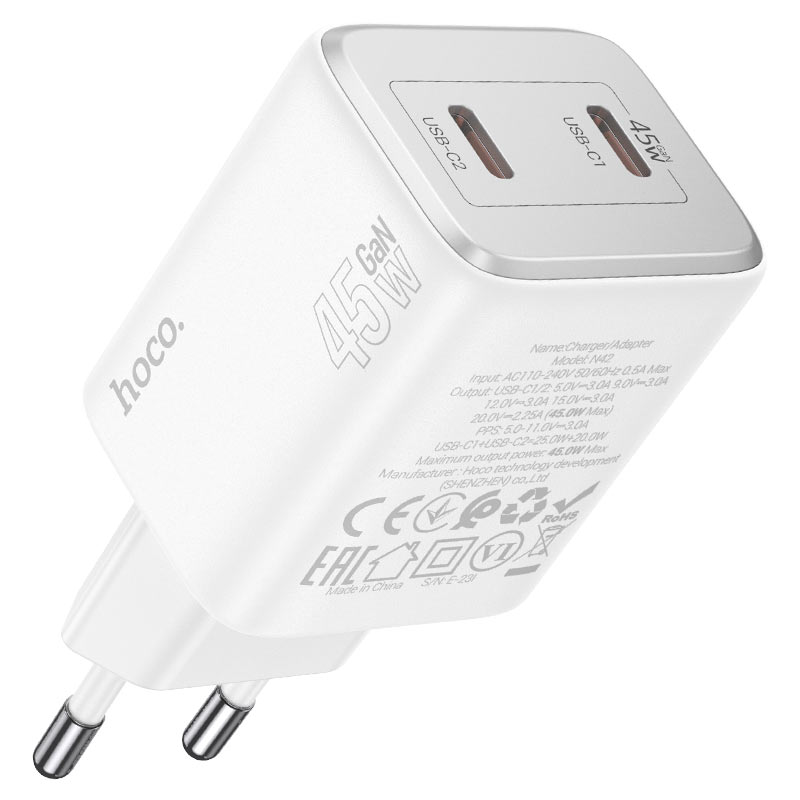 Incarcator Retea Cu Cablu Lightning HOCO N42, 45W, 3A, 2 x USB-C, Alb