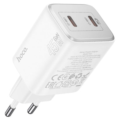 Incarcator Retea Cu Cablu Lightning HOCO N42, 45W, 3A, 2 x USB-C, Alb