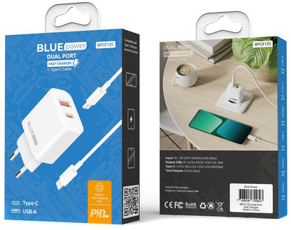 Incarcator Retea Cu Cablu USB-C Blue Power BPCE12C, 20W, 3A, 1 x USB-A - 1 x USB-C, Alb