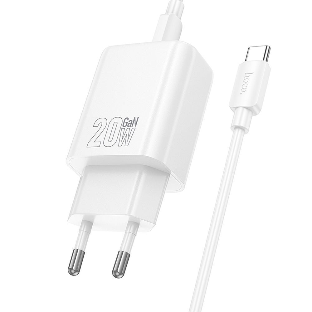Incarcator Retea Cu Cablu USB-C HOCO N61, 20W, 3A, 1 x USB-A - 1 x USB-C, Alb
