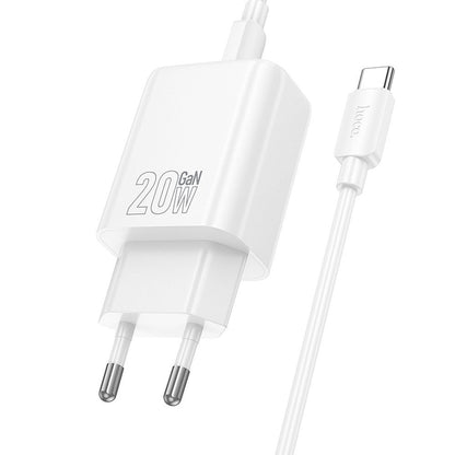Incarcator Retea Cu Cablu USB-C HOCO N61, 20W, 3A, 1 x USB-A - 1 x USB-C, Alb