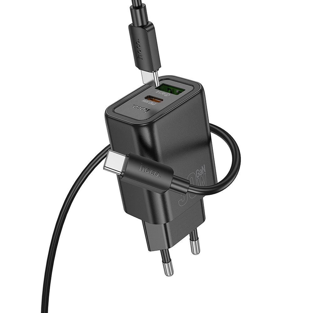 Incarcator Retea Cu Cablu USB-C HOCO N63, 30W, 3A, 1 x USB-A - 1 x USB-C, Negru