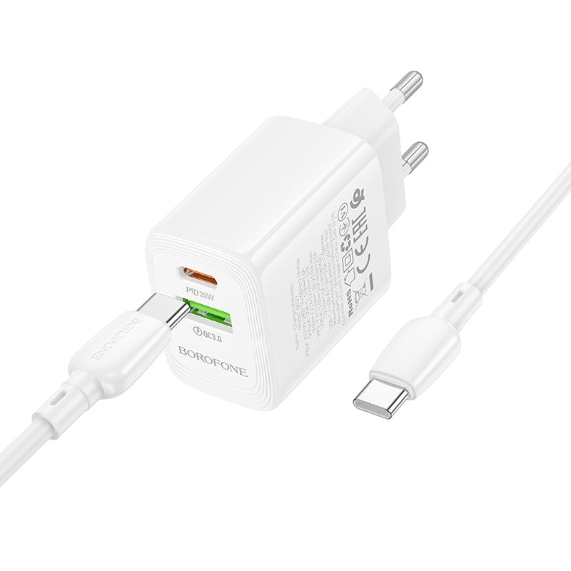 Incarcator Retea Cu Cablu USB-C Borofone BN27 Fuente, 20W, 3A, 1 x USB-A - 1 x USB-C, Alb