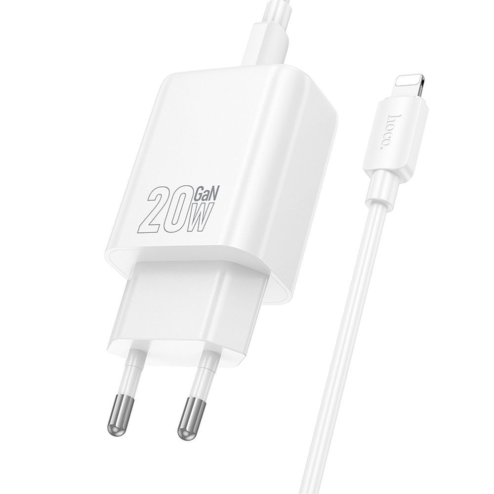 Incarcator Retea Cu Cablu Lightning HOCO N61, 20W, 3A, 1 x USB-A - 1 x USB-C, Alb