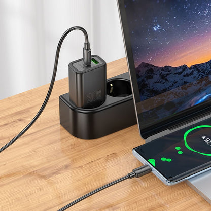 Incarcator Retea Cu Cablu Lightning HOCO N61, 20W, 3A, 1 x USB-A - 1 x USB-C, Negru