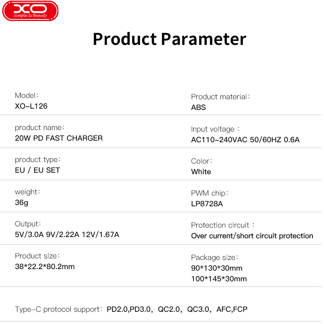 Incarcator Retea Cu Cablu USB-C XO Design L126, 20W, 3A, 1 x USB-C, Alb