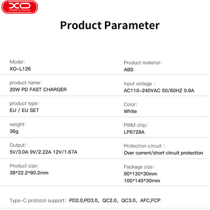 Incarcator Retea Cu Cablu USB-C XO Design L126, 20W, 3A, 1 x USB-C, Alb