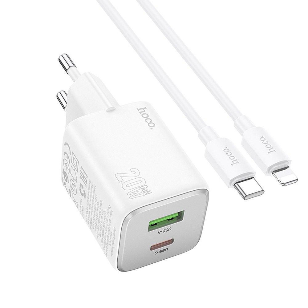 Incarcator Retea Cu Cablu Lightning HOCO N41, 20W, 3A, 1 x USB-A - 1 x USB-C, Alb