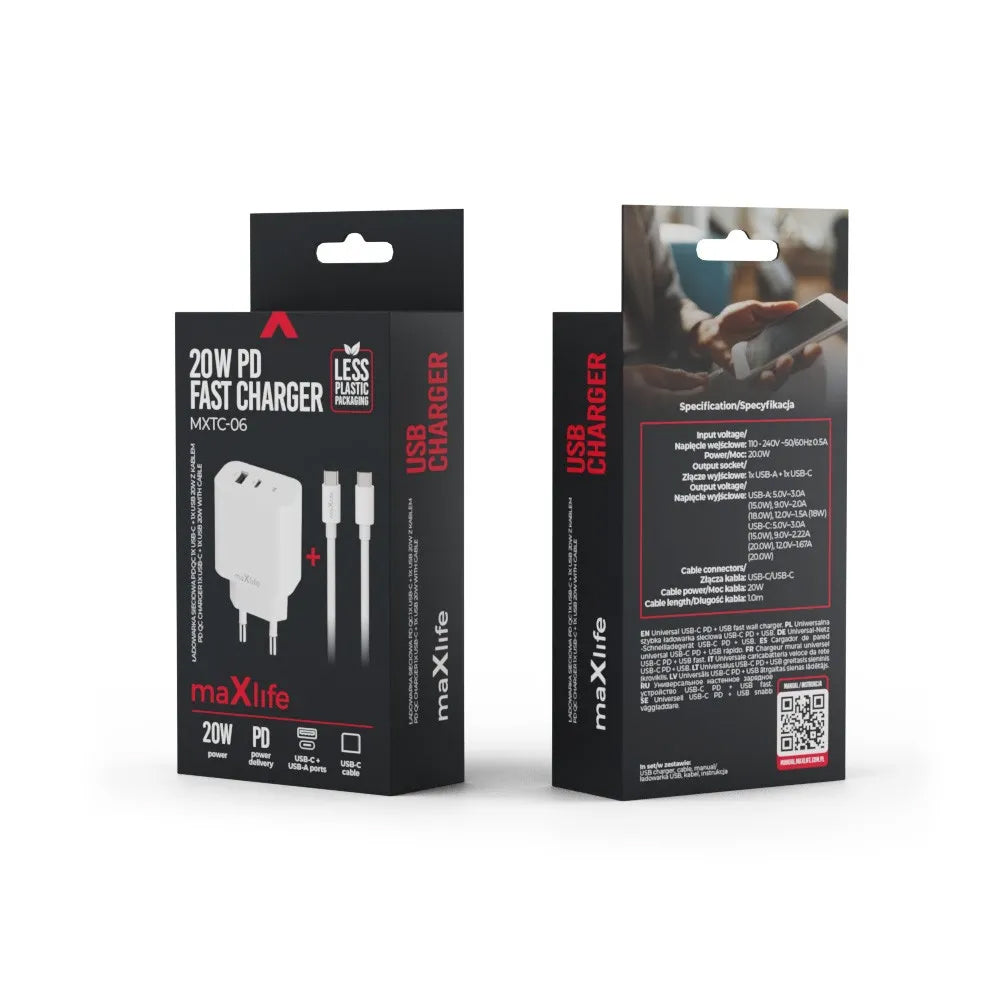 Incarcator Retea Cu Cablu USB-C MaXlife MXTC-06-20AC, 20W, 3A, 1 x USB-A - 1 x USB-C, Alb