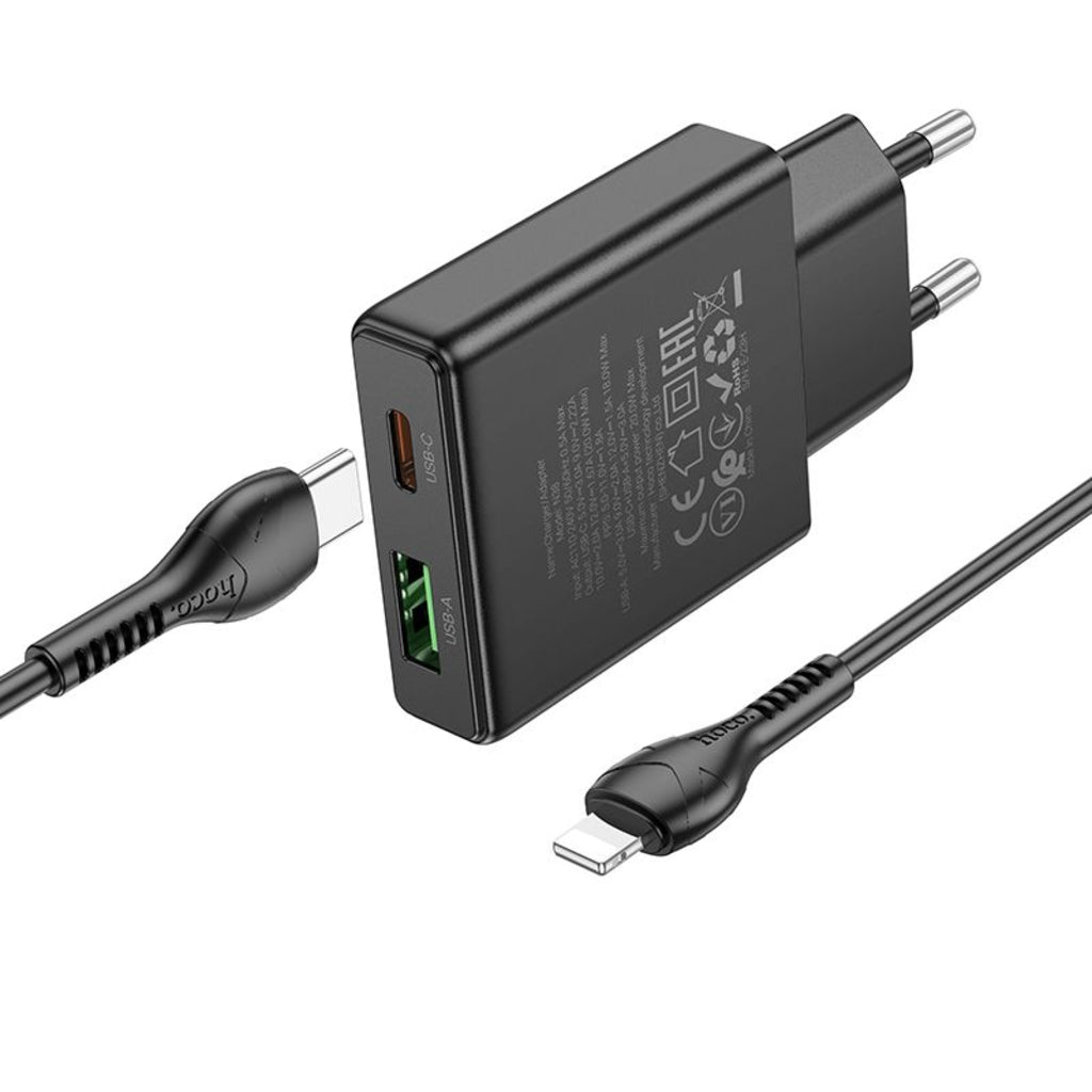 Incarcator Retea Cu Cablu Lightning HOCO N38, 20W, 3A, 1 x USB-A - 1 x USB-C, Negru