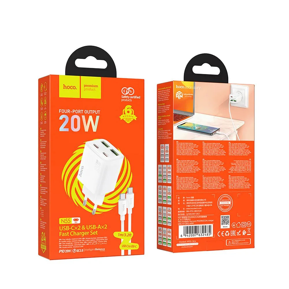 Incarcator Retea Cu Cablu USB-C HOCO N55, 20W, 3A, 2 x USB-A - 2 x USB-C, Alb
