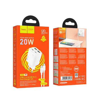 Incarcator Retea Cu Cablu USB-C HOCO N55, 20W, 3A, 2 x USB-A - 2 x USB-C, Alb