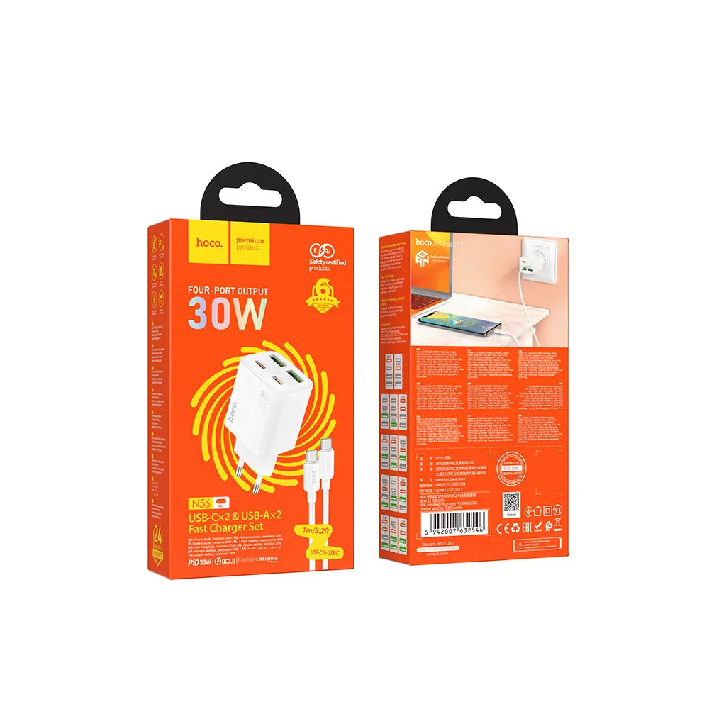 Incarcator Retea Cu Cablu USB-C HOCO N56, 30W, 3A, 2 x USB-A - 2 x USB-C, Alb
