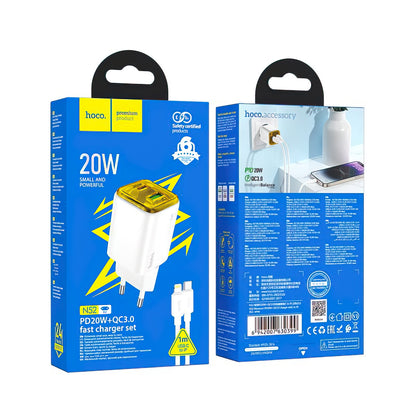 Incarcator Retea Cu Cablu Lightning HOCO N52, 20W, 3A, 1 x USB-A - 1 x USB-C, Alb
