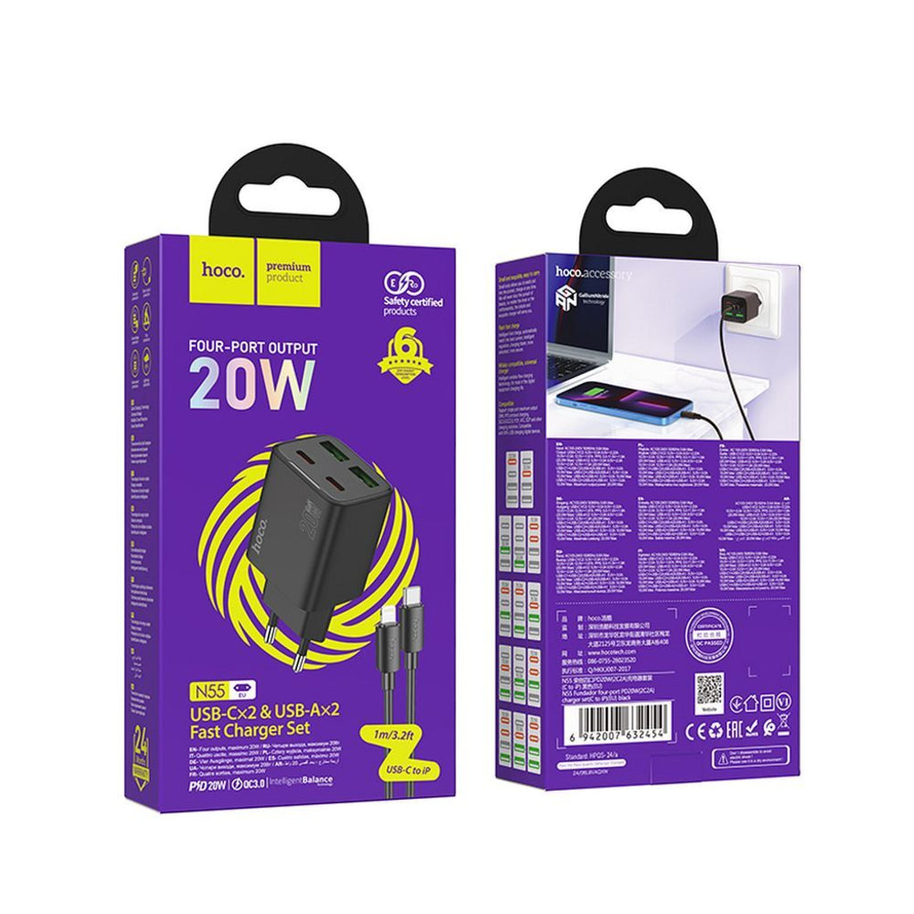Incarcator Retea Cu Cablu Lightning HOCO N55, 20W, 3A, 2 x USB-A - 2 x USB-C, Negru