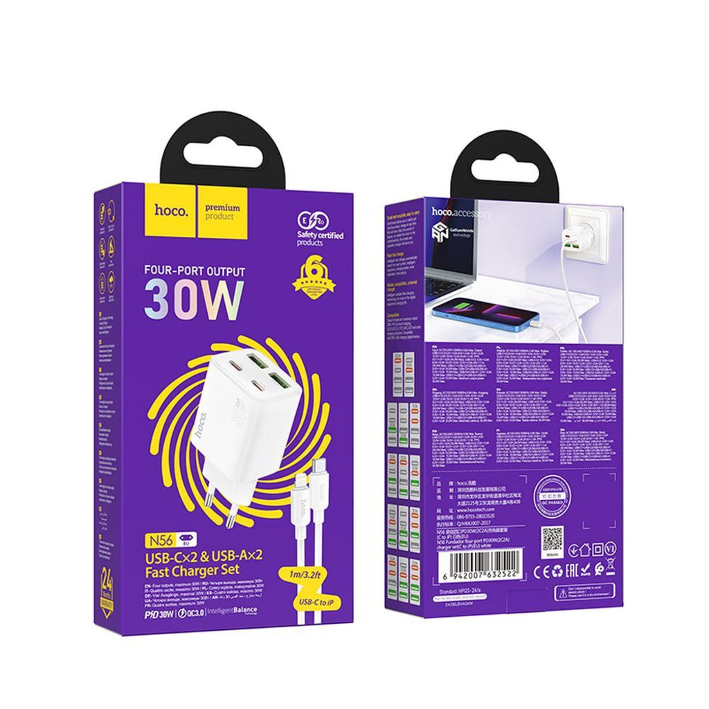 Incarcator Retea Cu Cablu Lightning HOCO N56, 30W, 3A, 2 x USB-A - 2 x USB-C, Alb