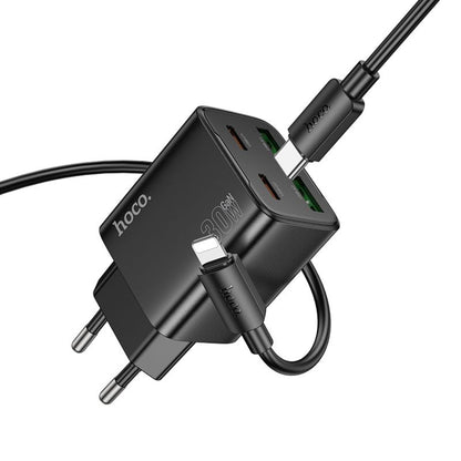 Incarcator Retea Cu Cablu Lightning HOCO N56, 30W, 3A, 2 x USB-A - 2 x USB-C, Negru