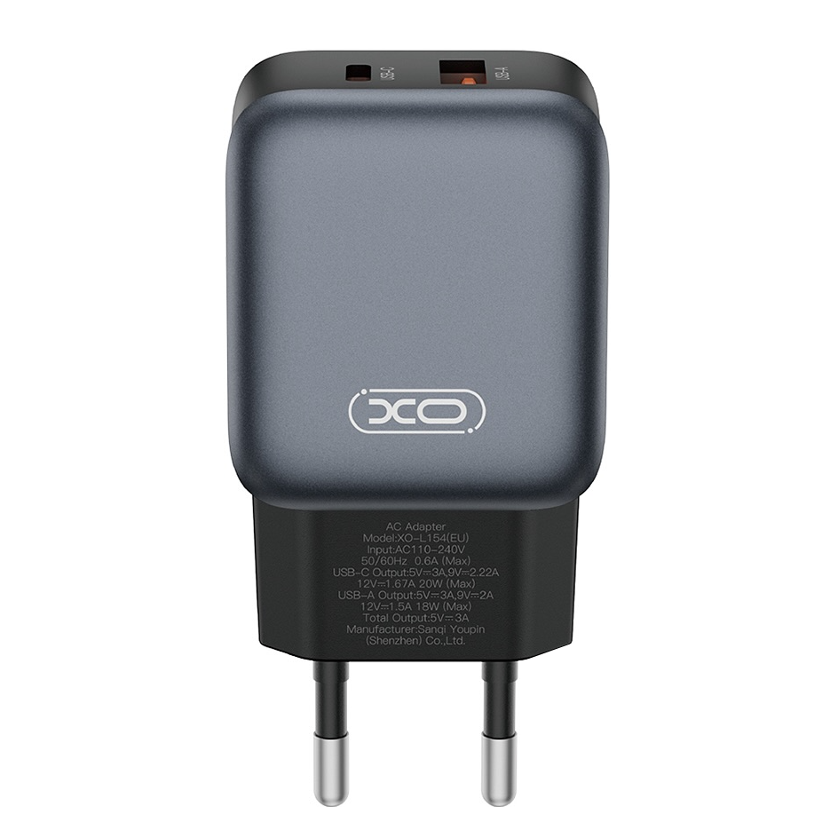 Incarcator Retea Cu Cablu Lightning XO Design L154, 20W, 3A, 1 x USB-A - 1 x USB-C, Negru