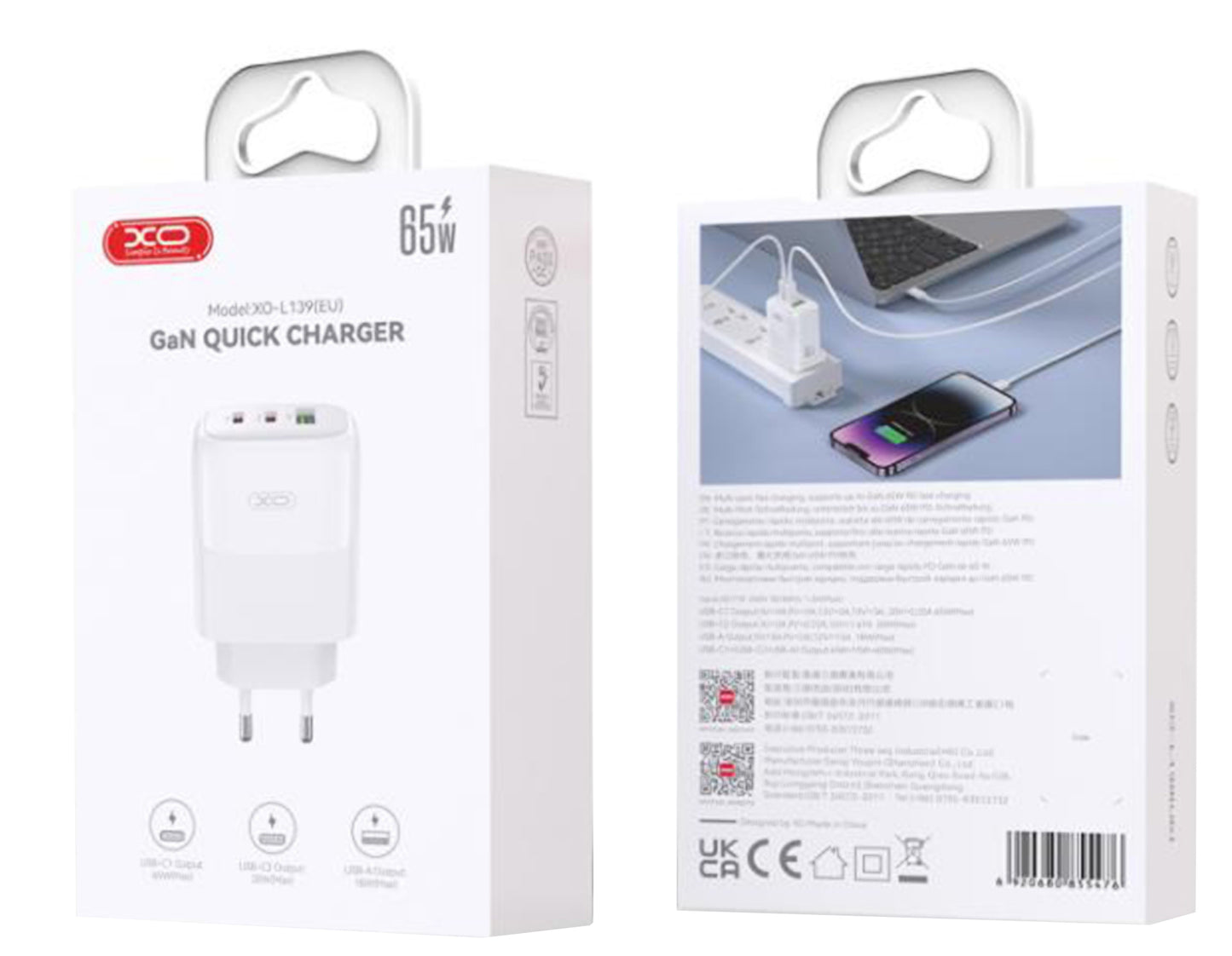 Incarcator Retea Cu Cablu USB-C XO Design L139, 65W, 4.5A, 1 x USB-A - 2 x USB-C, Alb