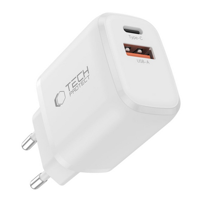 Incarcator Retea Cu Cablu Lightning Tech-Protect NCA20, 20W, 3A, 1 x USB-A - 1 x USB-C, Alb
