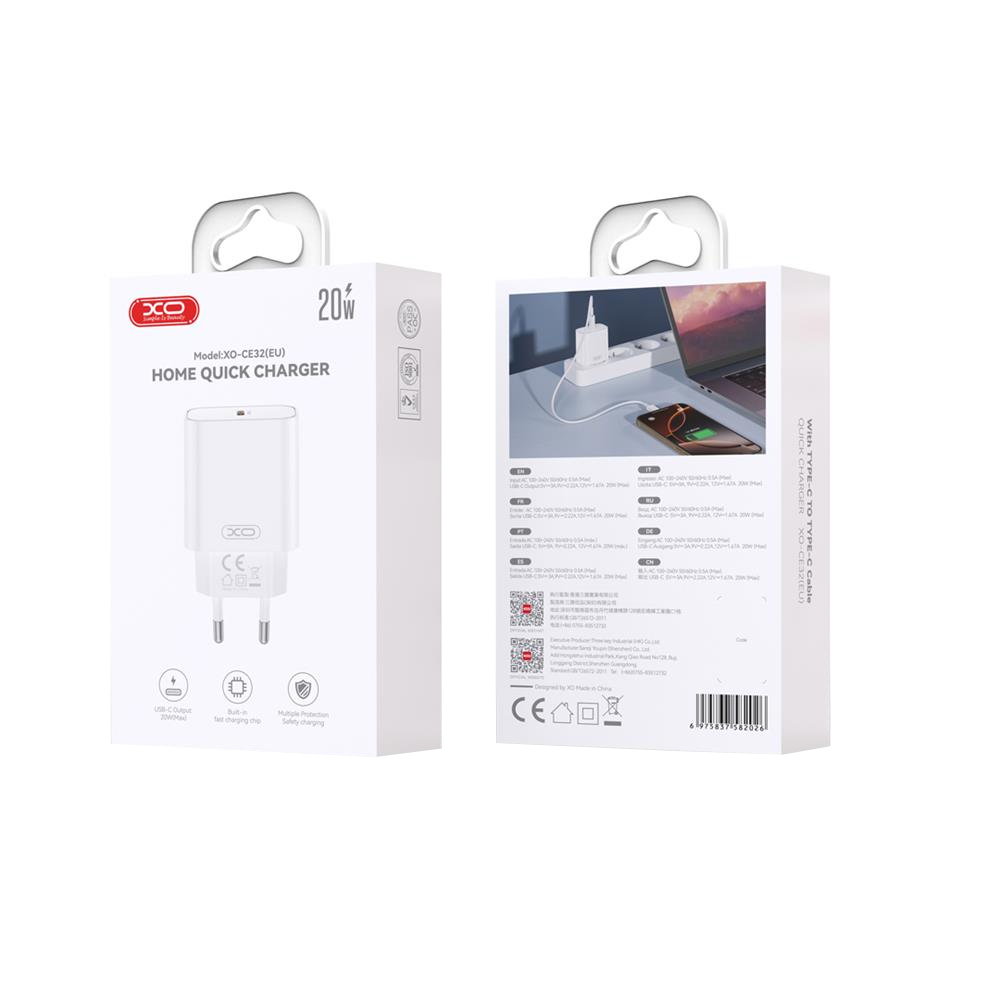 Incarcator Retea Cu Cablu USB-C XO Design CE32, 20W, 3A, 1 x USB-C, Alb