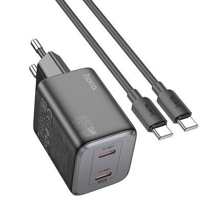 Incarcator Retea Cu Cablu USB-C HOCO N42, 45W, 3A, 2 x USB-C, Negru