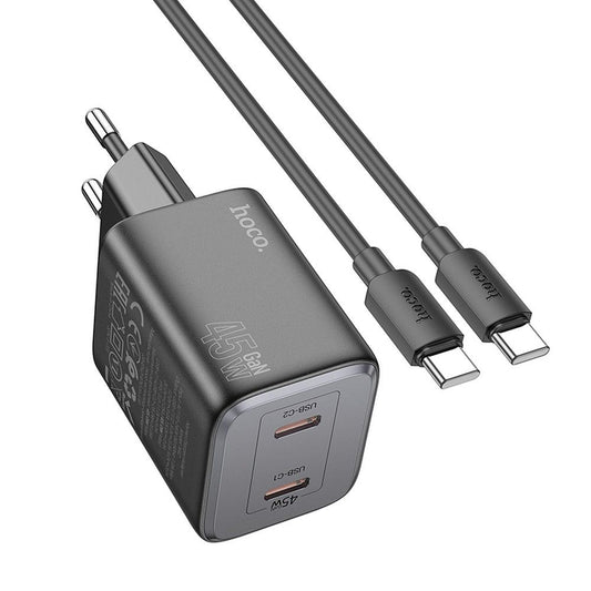 Network Charger with USB-C Cable HOCO N42, 45W, 3A, 2 x USB-C, Black 