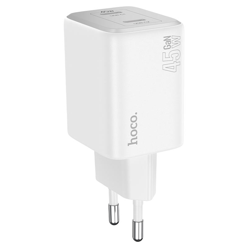 Incarcator Retea Cu Cablu Lightning HOCO N42, 45W, 3A, 2 x USB-C, Alb