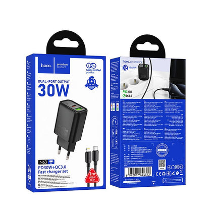 Incarcator Retea Cu Cablu Lightning HOCO N63, 30W, 3A, 1 x USB-A - 1 x USB-C, Negru