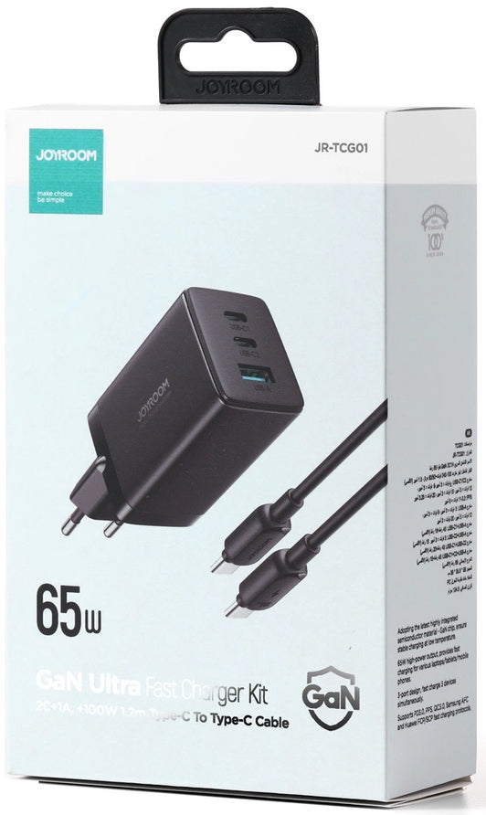 Incarcator Retea Cu Cablu USB-C Joyroom TCG01, 65W, 3.25A, 1 x USB-A - 2 x USB-C, Negru