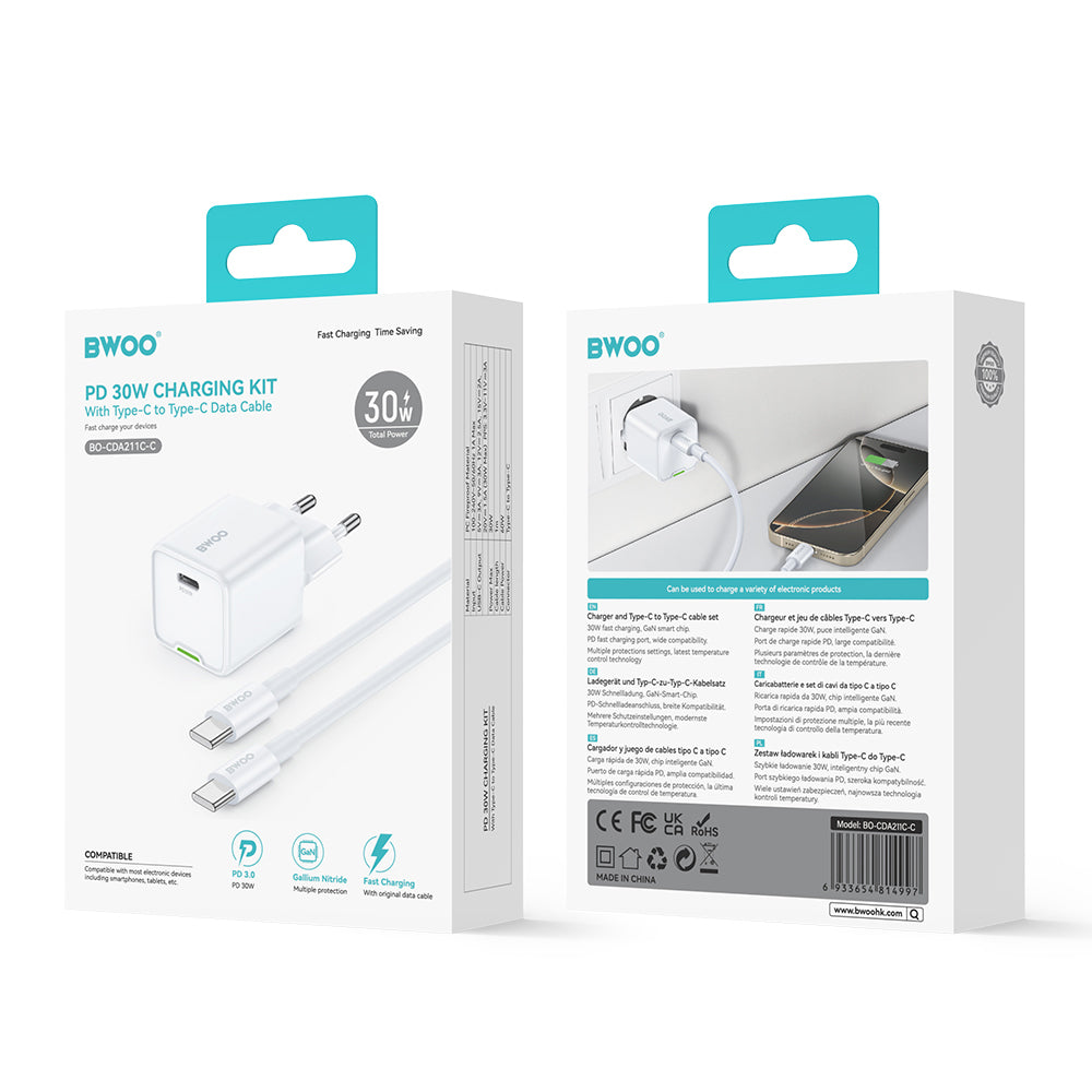 Incarcator Retea Cu Cablu USB-C BWOO CDA211, 30W, 3A, 1 x USB-C, Alb