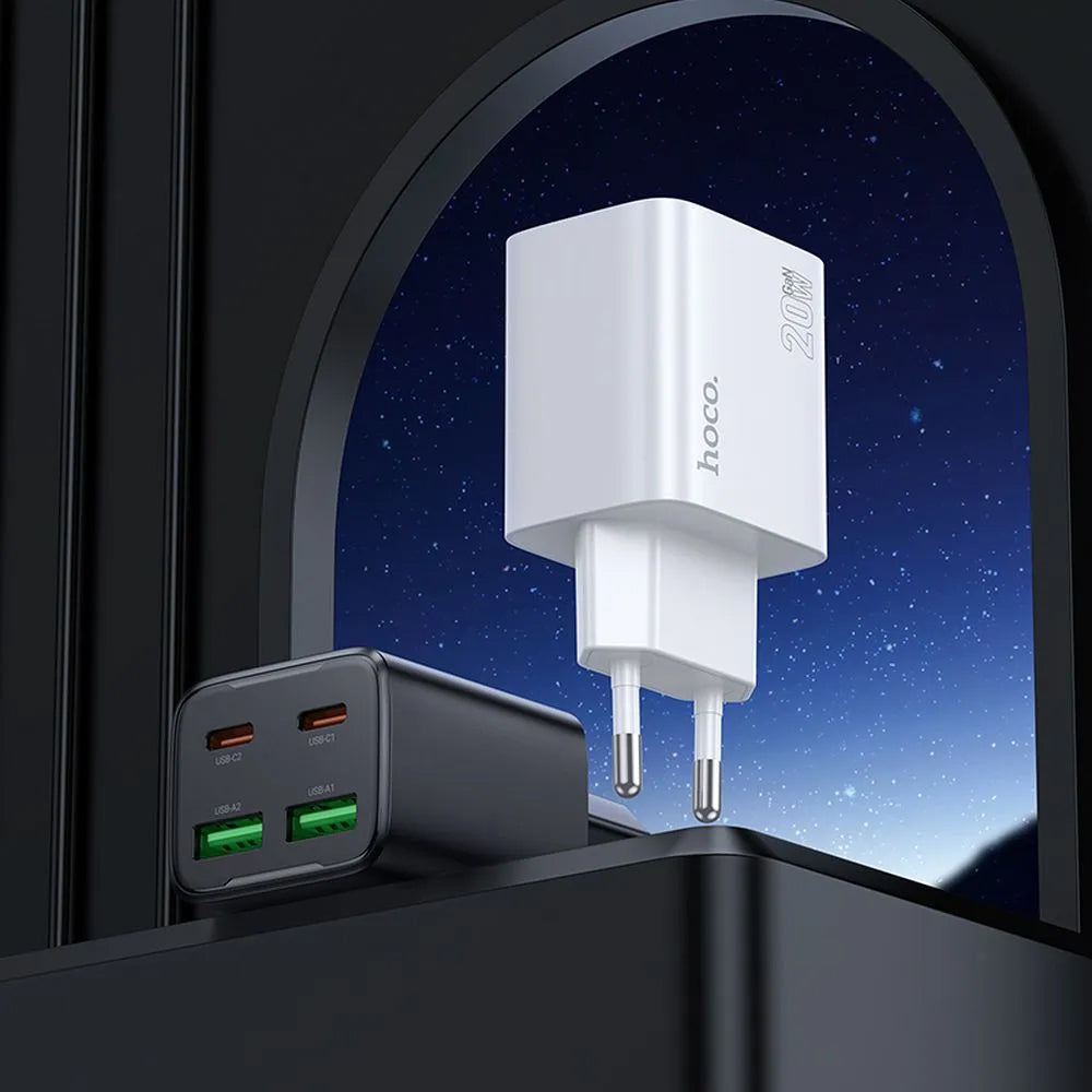 Incarcator Retea Cu Cablu USB-C HOCO N55, 20W, 3A, 2 x USB-A - 2 x USB-C, Alb