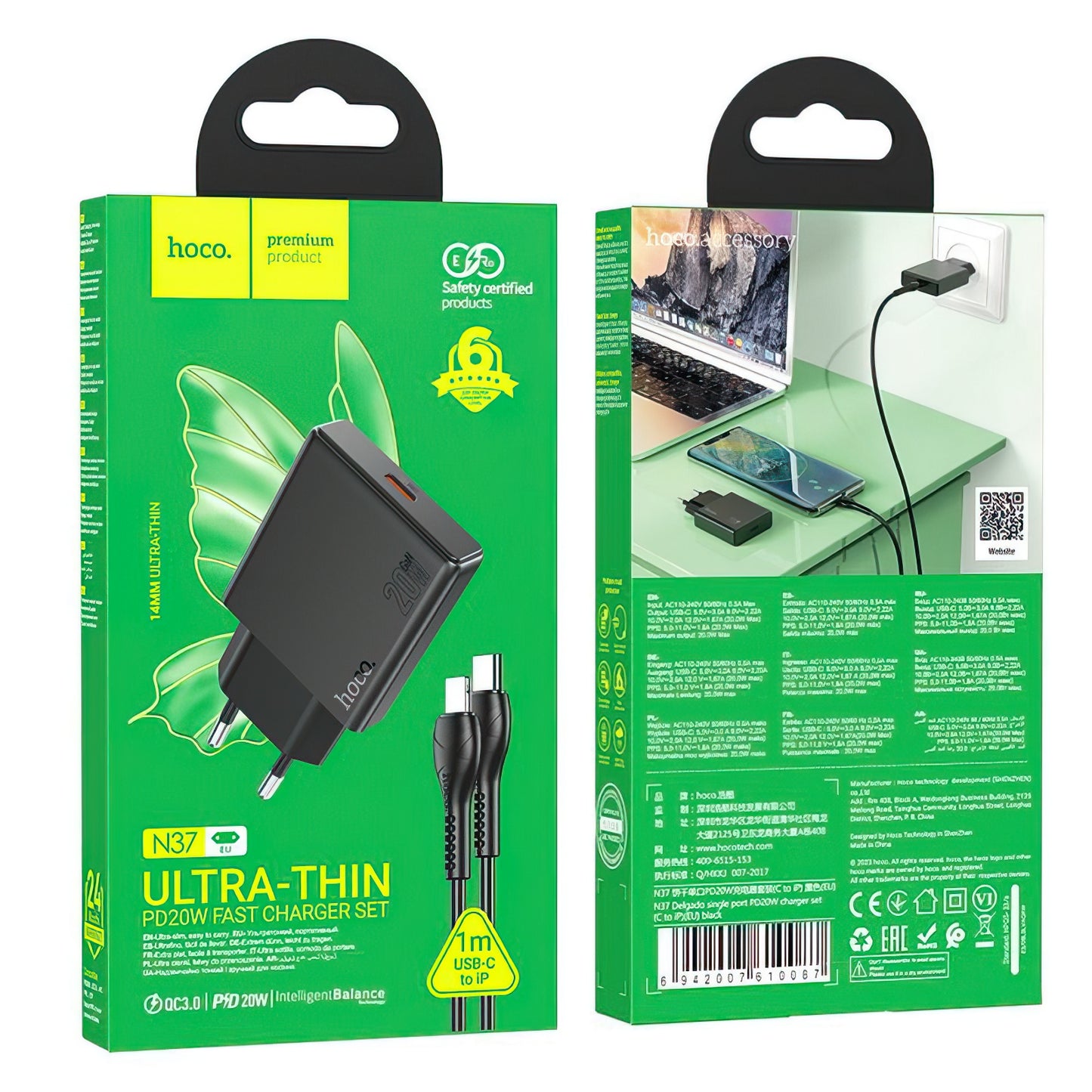 Incarcator Retea Cu Cablu Lightning HOCO N37, 30W, 3A, 1 x USB-C, Negru