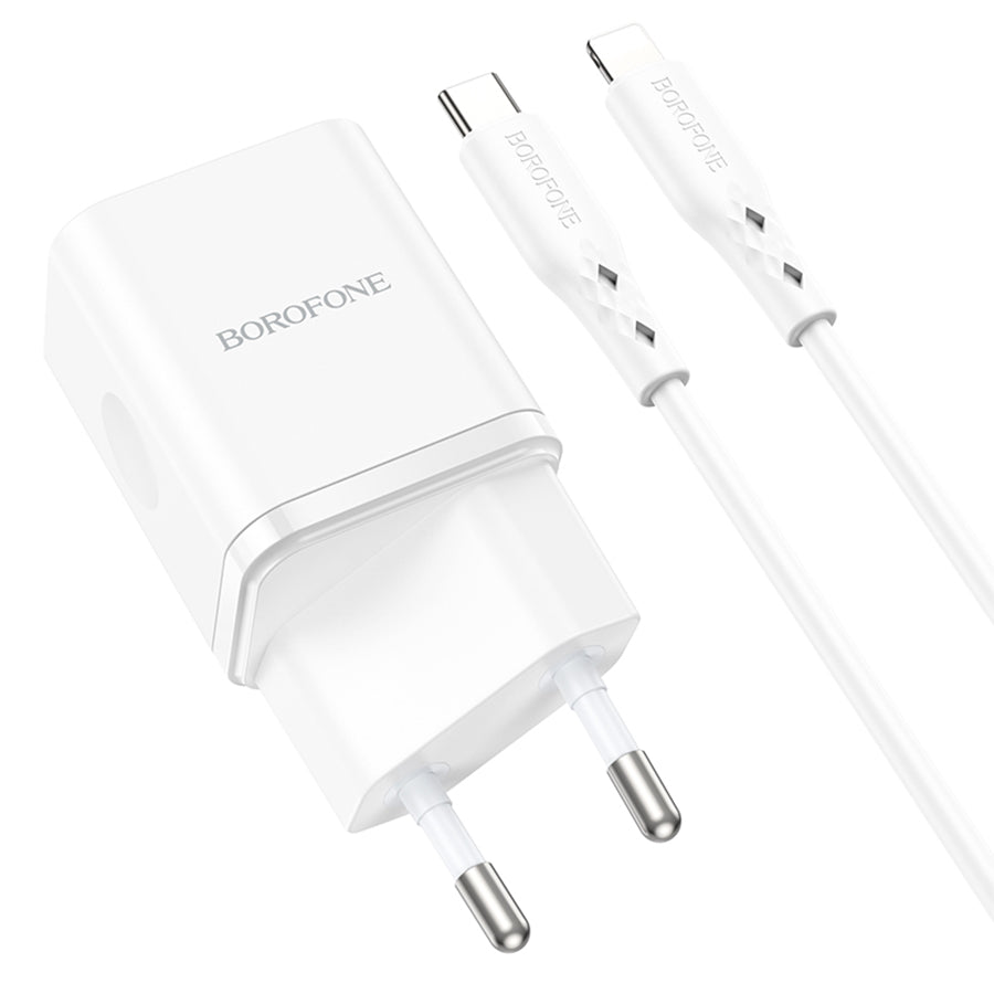 Incarcator Retea Cu Cablu Lightning Borofone BN7, 20W, 3A, 1 x USB-A - 1 x USB-C, Alb