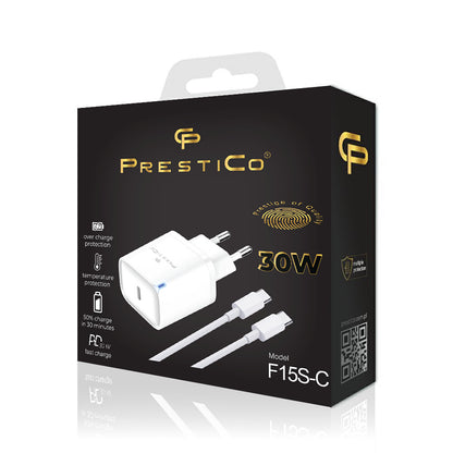 Incarcator Retea Cu Cablu USB-C Prestico F15S-C, 30W, 3A, 1 x USB-C, Alb