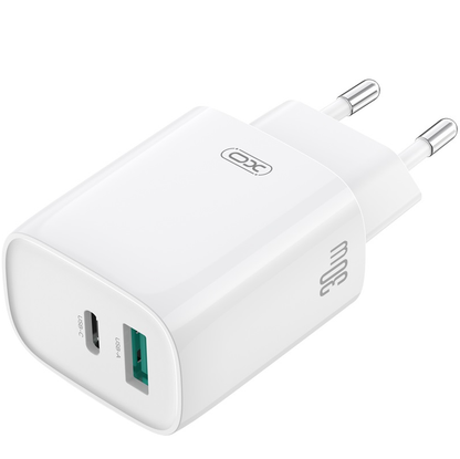 Incarcator Retea Cu Cablu Lightning XO Design CE30, 30W, 3A, 1 x USB-A - 1 x USB-C, Alb